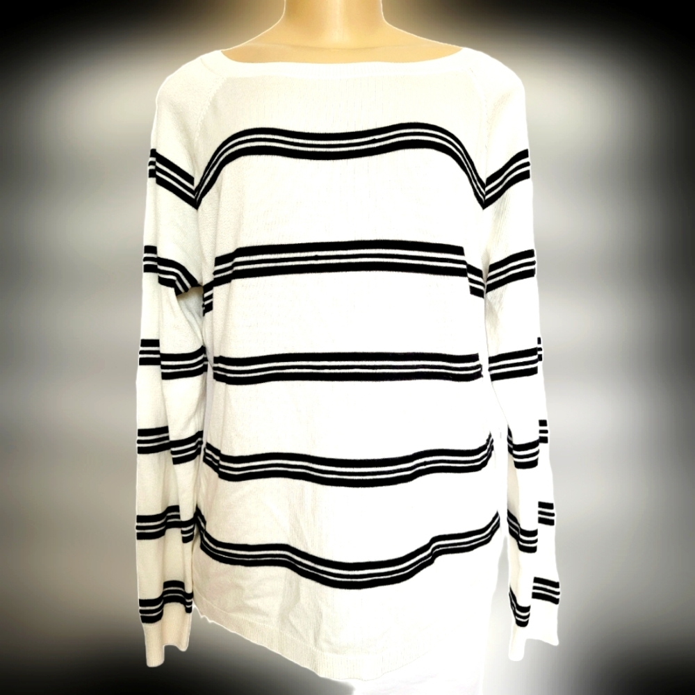 NWT Spense Knit Women's Rayon Blend Striped Sweater Ivory/Black XXL